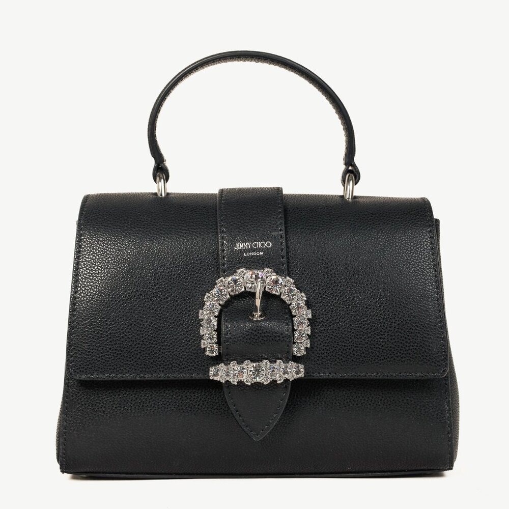 Jimmy Choo Cheri Black Soft Grainy Leather Crystal-Buckle Top Handle Bag